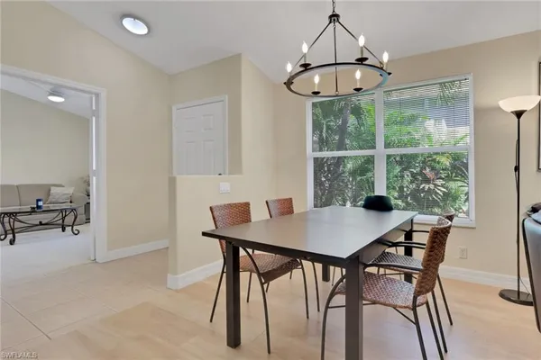a view of a dining room with furniture window and outside view