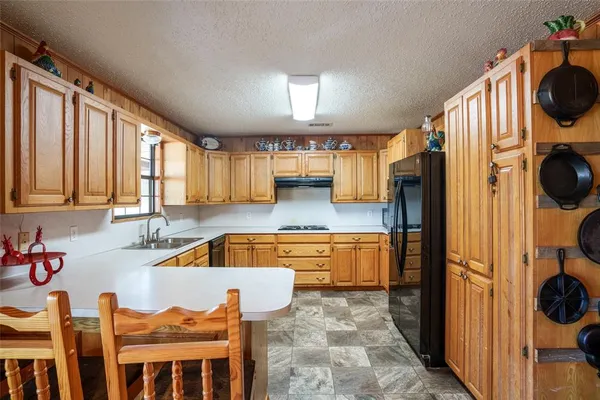a kitchen with a refrigerator and a sink