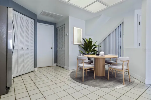 a view of a dining room with furniture