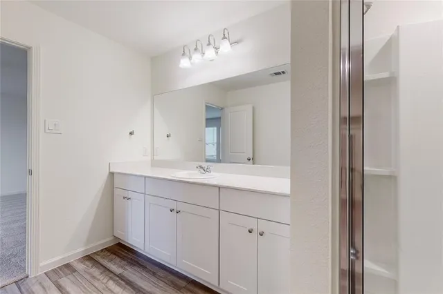 a bathroom with a shower sink and mirror