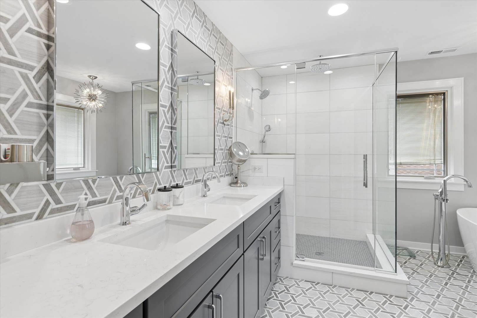 346 South Street Elmhurst, IL 60126 - Photo 20 of 43 a bathroom with a shower sink vanity and mirror