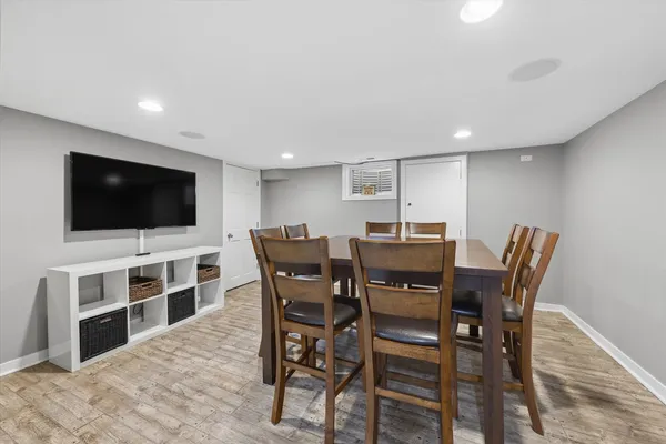 a view of a dining room with furniture