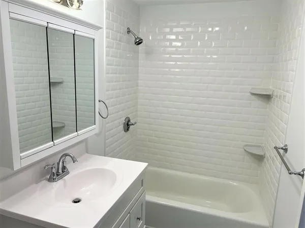 a bathroom with a white sink a shower and a bathtub