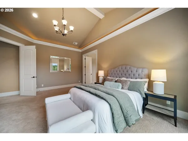 a bedroom with a bed and a chandelier