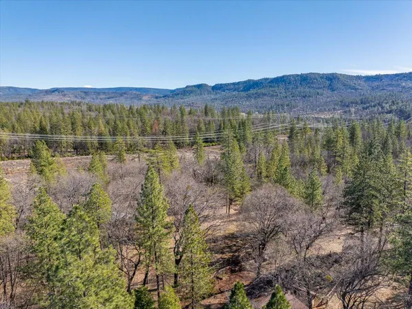 a view of a field with a mountain in the background