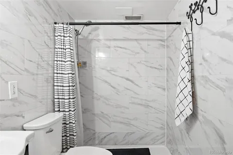 a bathroom with a shower and a toilet