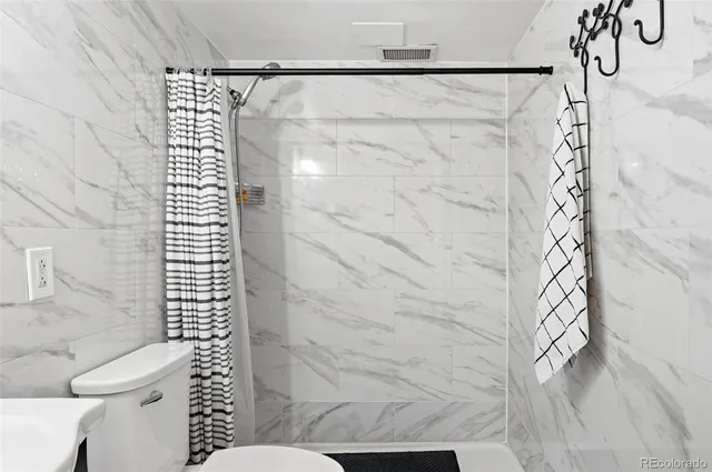 a bathroom with a shower and a toilet