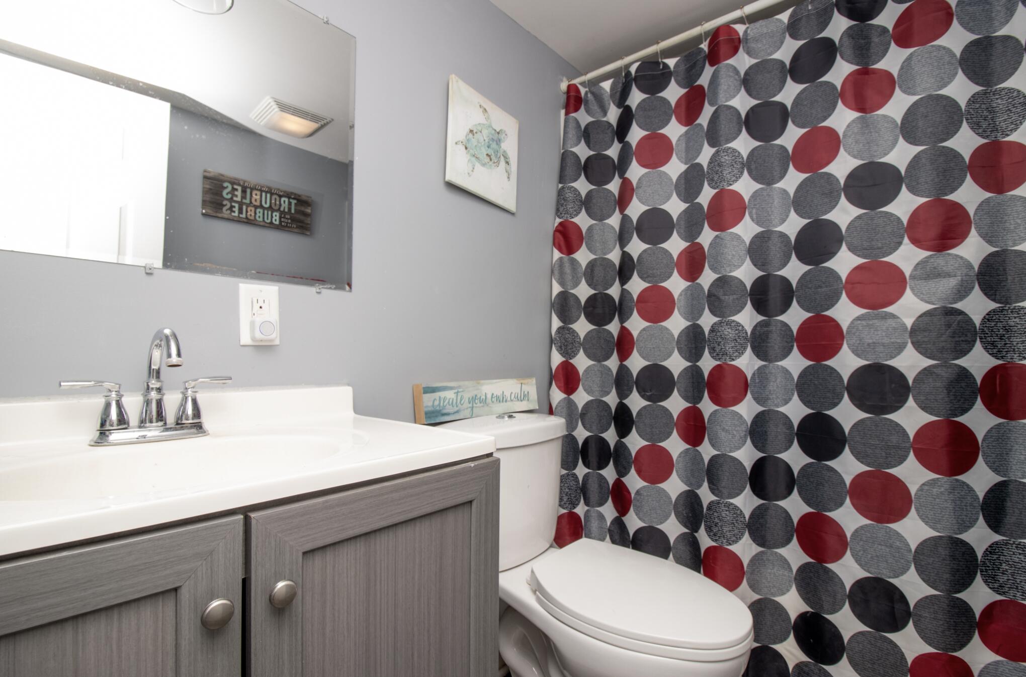15806 Clark Street Lowell, IN 46356 - Photo 18 of 35 a bathroom with a sink a toilet a mirror and shower curtain