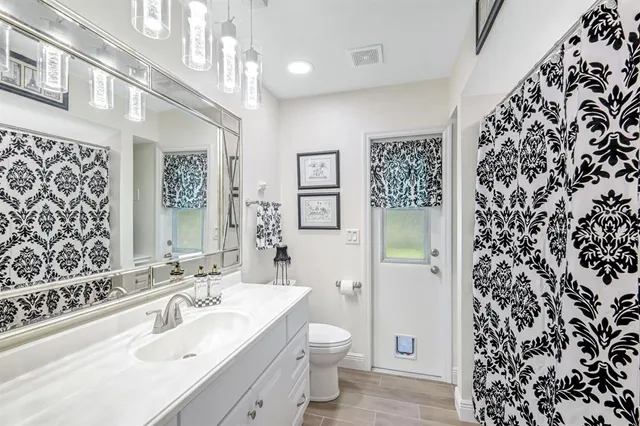 a bathroom with a sink a toilet a shower and a mirror