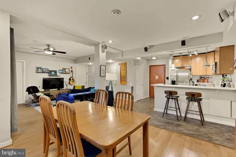 a view of a dining room with furniture