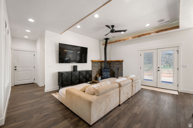 62 North Lucky 7 Road Veyo, UT 84782 - Photo 7 of 43 Living area with a ceiling fan, dark wood finished floors, recessed lighting, a wood stove, and french doors