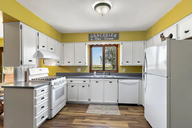 a kitchen with granite countertop a sink a counter space appliances and cabinets