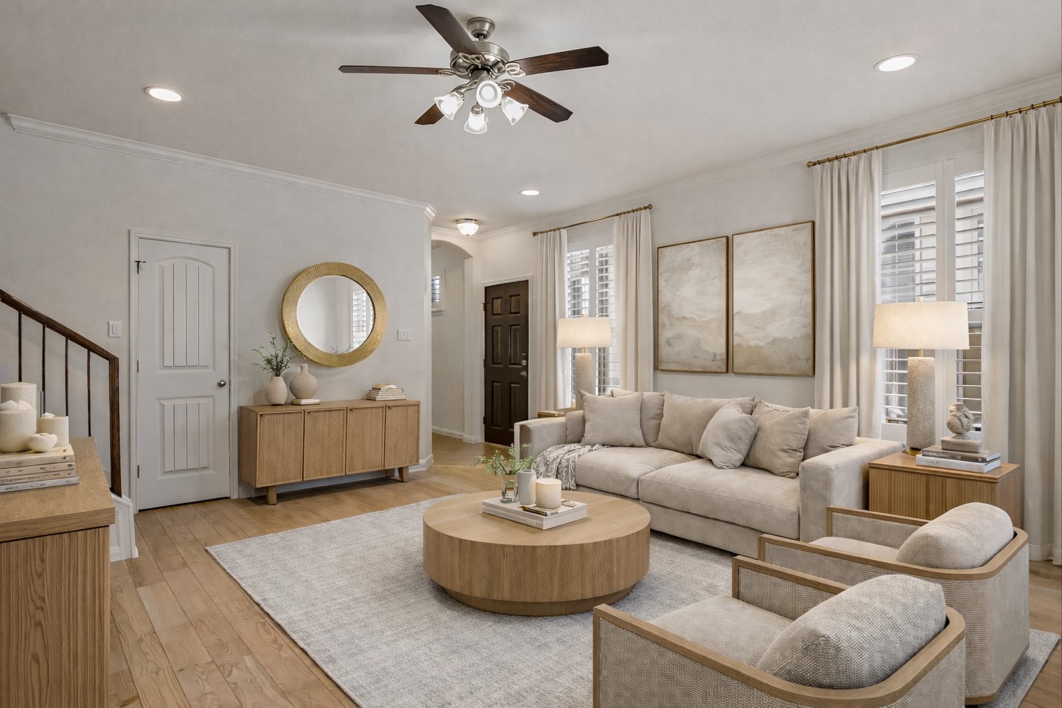 14001 Avery Ranch Boulevard, Unit 1601 Austin, TX 78717 - Photo 3 of 25 ~Virtually Staged: Living area with crown molding, a ceiling fan, light wood-style floors, plantation shutters, arched walkways, and recessed lighting