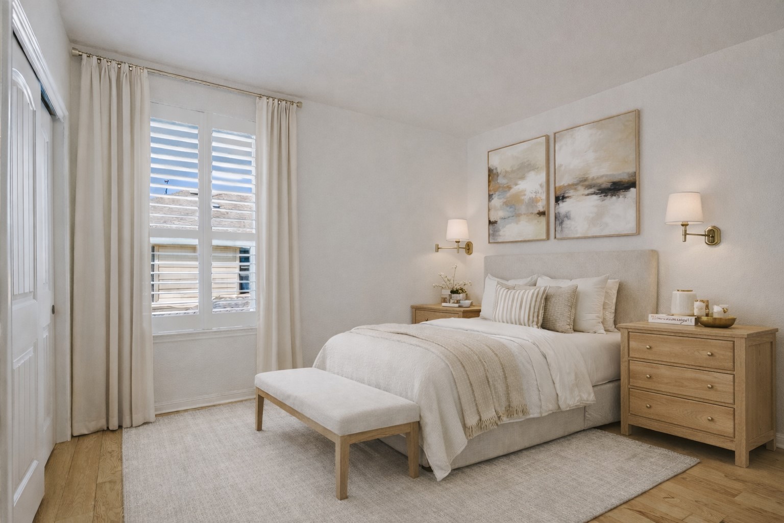 14001 Avery Ranch Boulevard, Unit 1601 Austin, TX 78717 - Photo 10 of 25 ~Virtually Staged: Bedroom featuring light wood-style flooring and plantation shutters.