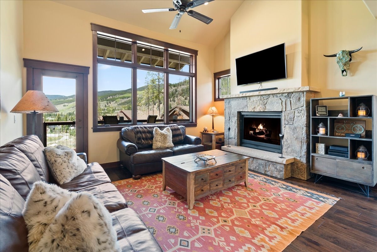 853 Independence Road, Unit 853 Keystone, CO 80435 - Photo 6 of 37 a living room with furniture a fireplace and a flat screen tv