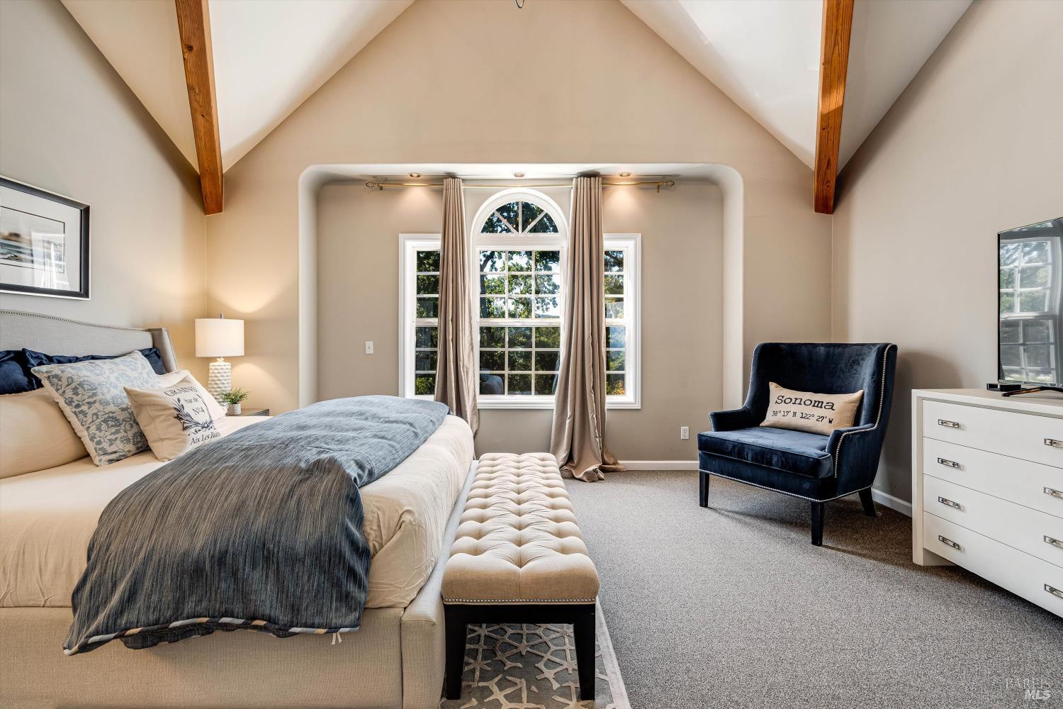 2980 Warm Springs Road Glen Ellen, CA 95442 - Photo 38 of 59 Expansive upstairs primary suite with vaulted ceilings and exposed beams