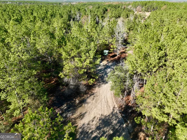 an aerial view of a house with yard