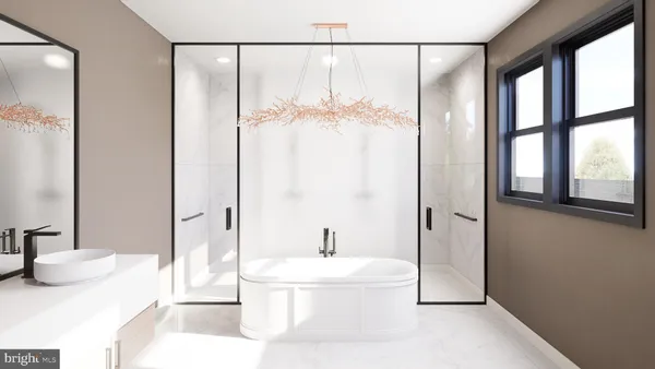 a bathroom with a tub and sink