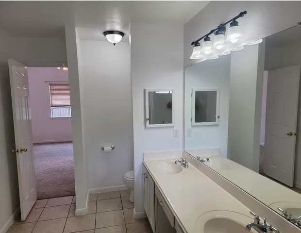 a bathroom with a sink and mirror with toilet
