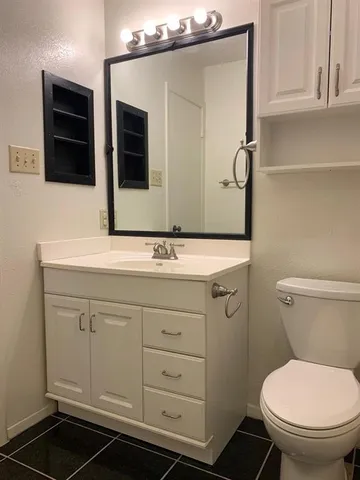 a bathroom with a sink a toilet and mirror