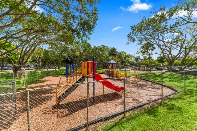a view of a park with swings