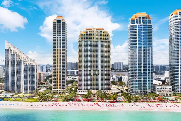 a front view of a city with tall buildings