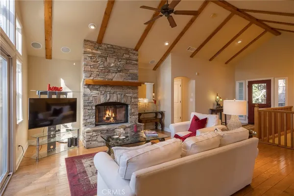 a living room with furniture a flat screen tv and a fireplace
