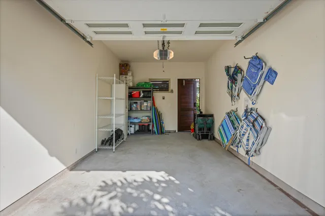a view of a garage with stairs
