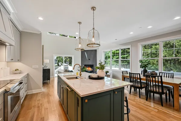a view of a dining room with furniture window and outside view