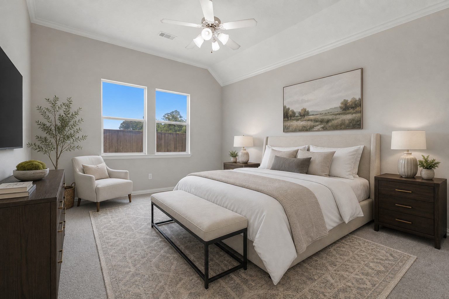 25926 Morgan Springs Spring, TX 77373 - Photo 19 of 49 Tucked away you will discover the Retreat to the spacious first-floor primary suite featuring vaulted ceilings, abundant natural light, plush New carpeting, and ample room for large furniture, creating a peaceful escape at the end of the day. **Photo is Virtually Staged**