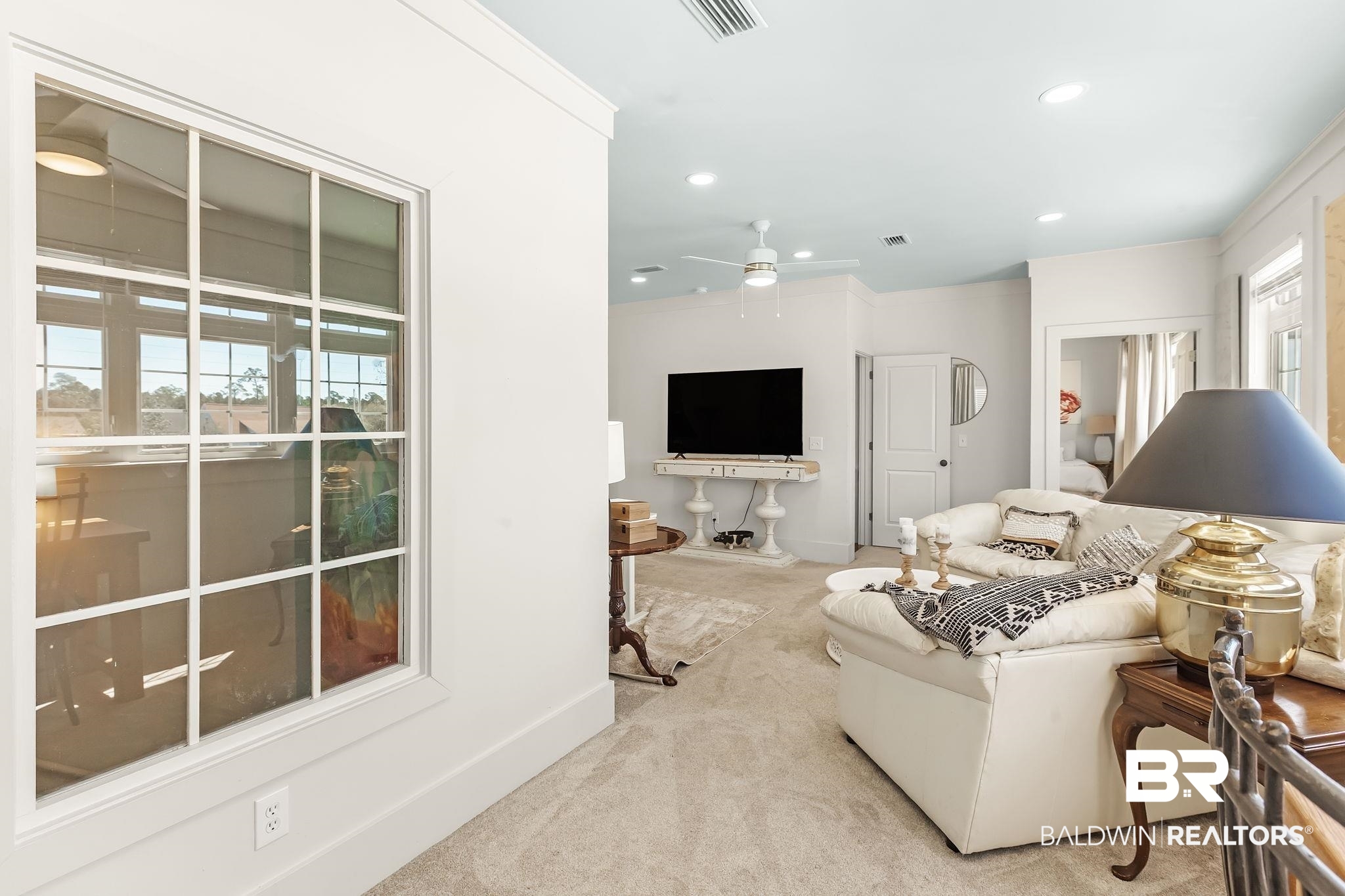 6434 County Road 95 Elberta, AL 36530 - Photo 29 of 99 Living area featuring recessed lighting, a ceiling fan, light carpet, and ornamental molding