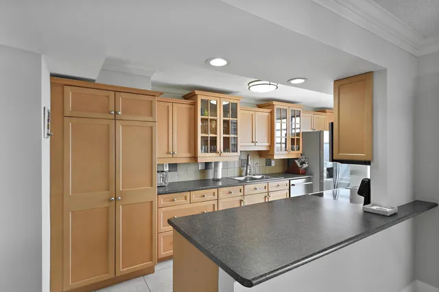 a kitchen with stainless steel appliances granite countertop a sink refrigerator and cabinets