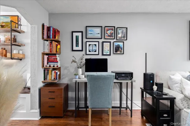 a living room with furniture and a bookshelf