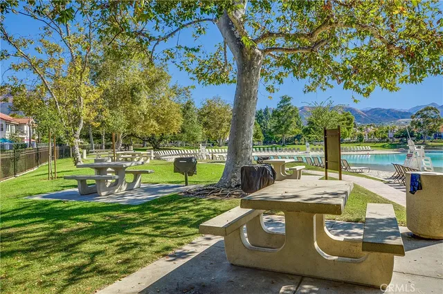 an aerial view of a swimming pool