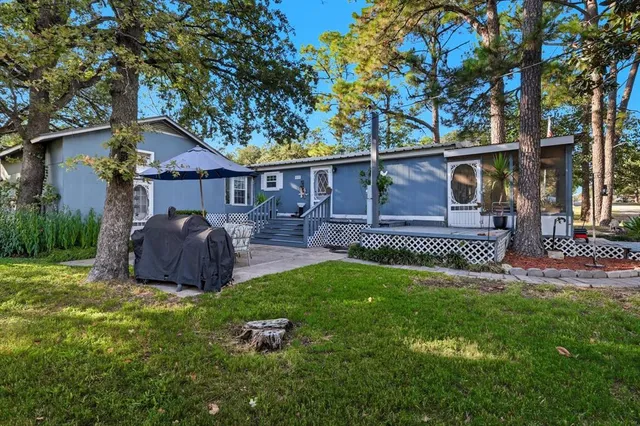 a view of a backyard with table and chairs potted plants and large tree