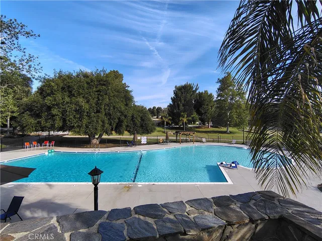a view of a swimming pool with a yard and palm trees