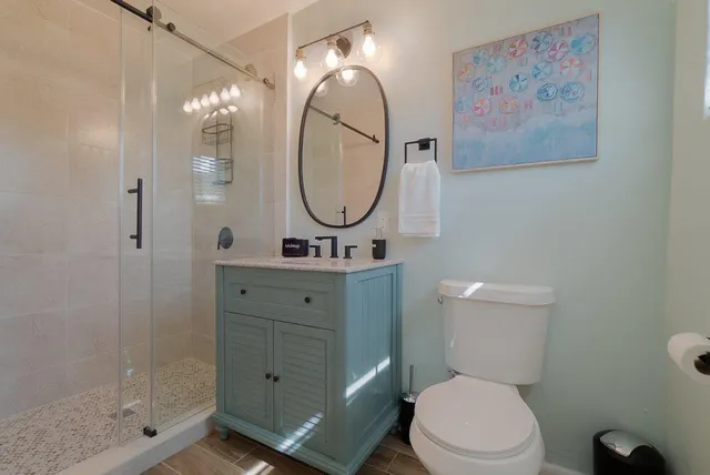 a bathroom with a toilet a sink and mirror