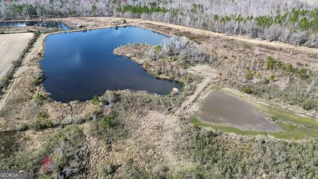 an aerial view of a house with a yard