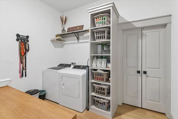 a storage room with cabinets