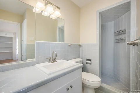 a bathroom with a sink a toilet and a mirror