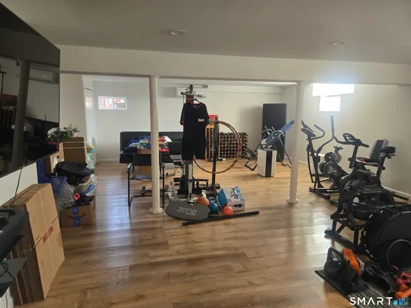 a balcony with a lake view