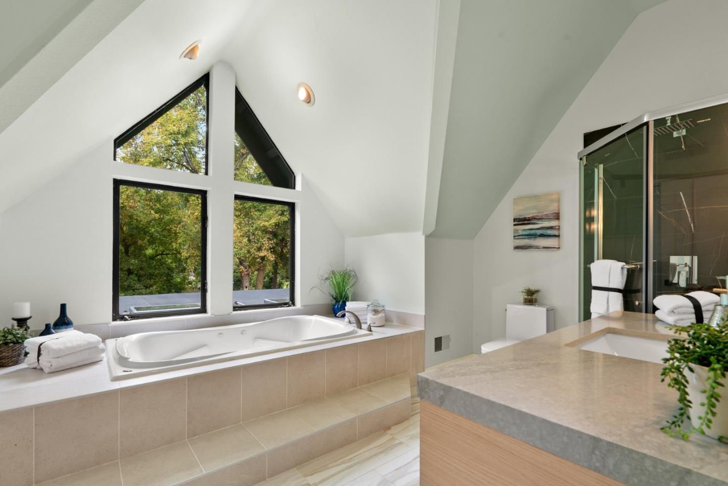 382 Riverside Avenue Ben Lomond, CA 95005 - Photo 52 of 85 a bathroom with a granite countertop sink and a large window