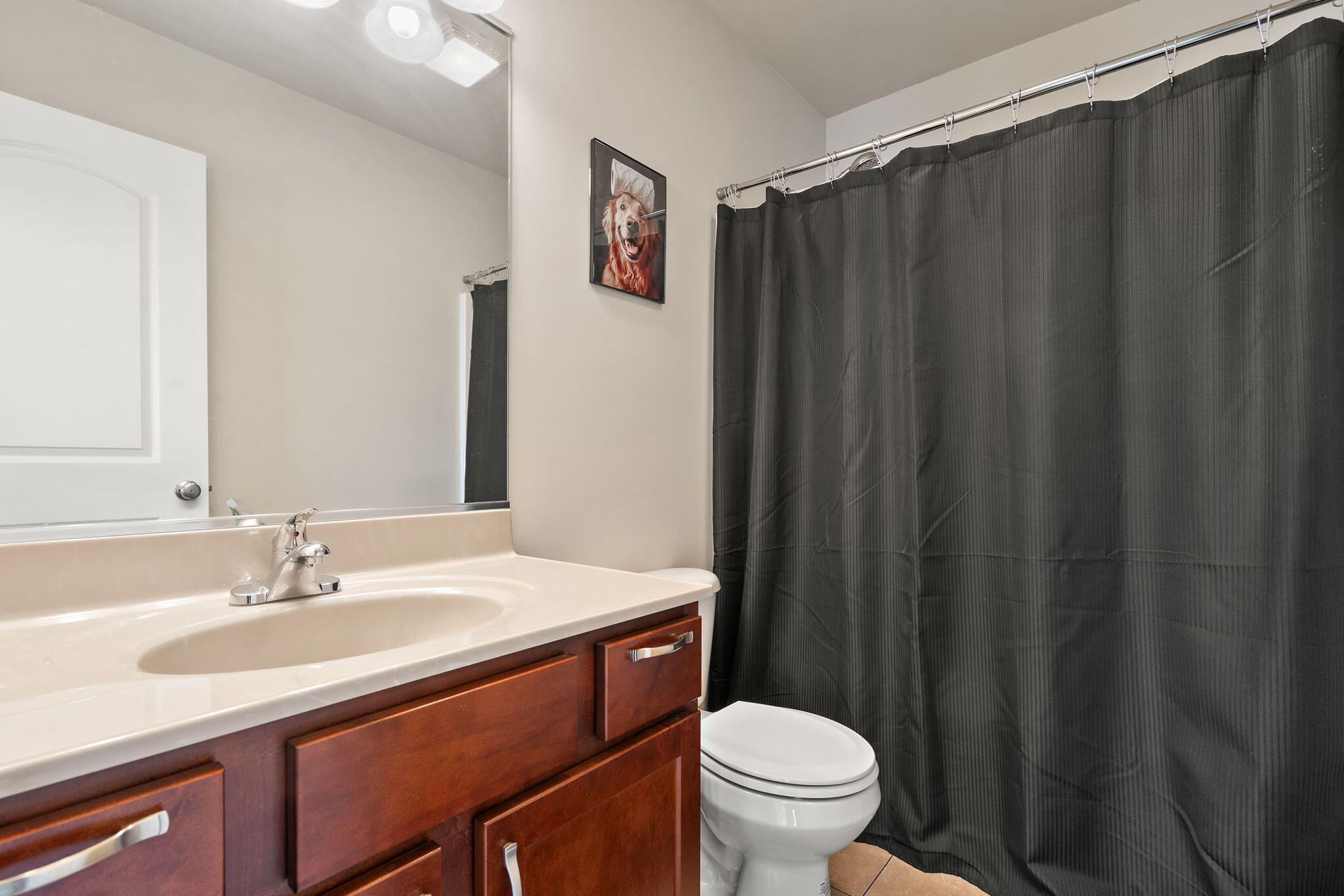 1156 Donegal Lane Crown Point, IN 46307 - Photo 20 of 25 a bathroom with a sink a toilet a mirror and shower curtain