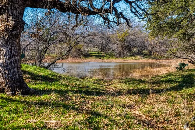 a view of a lake with a yard