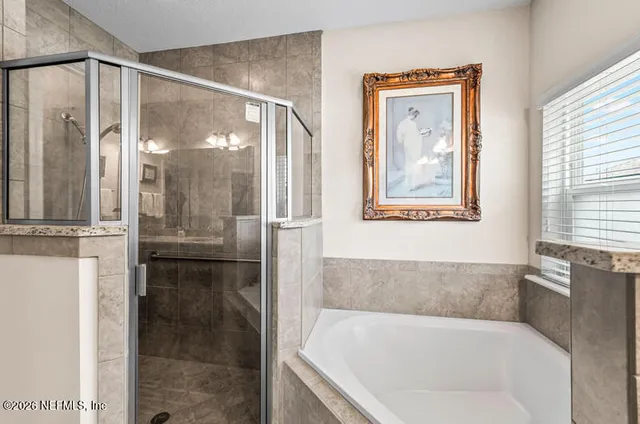 a bathroom with a bathtub and a shower