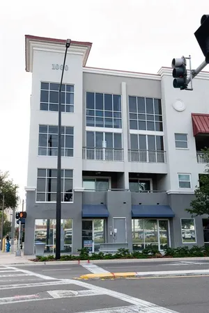 a view of a building and a street