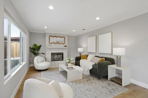 a living room with furniture potted plant and a fireplace