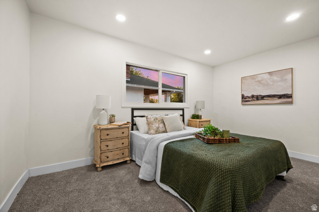 189 West Center Street Midvale, UT 84047 - Photo 19 of 64 Bedroom featuring plush gray carpet, a white framed window, recessed lighting, and white baseboards