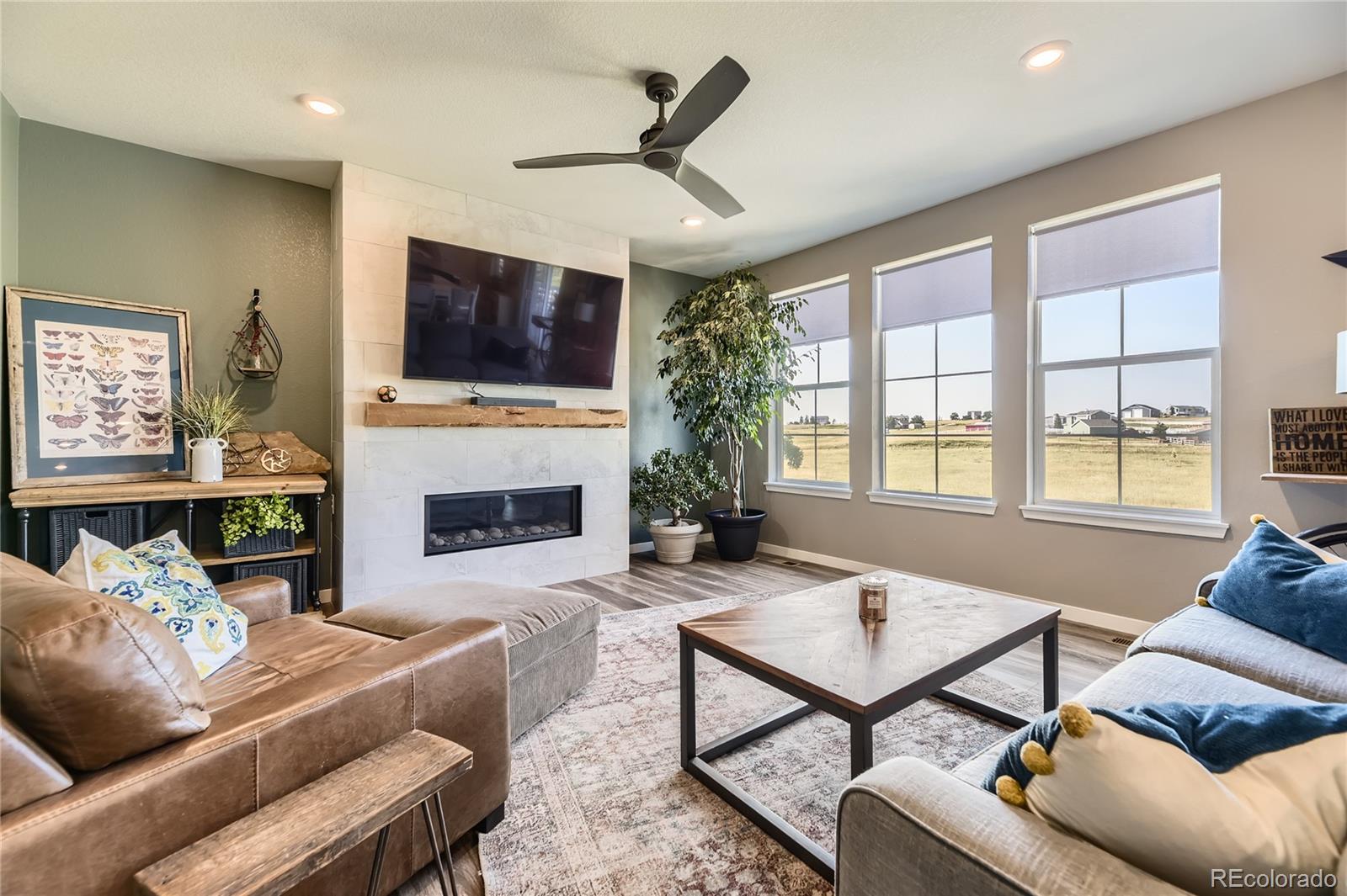 1182 Williams Loop Elizabeth, CO 80107 - Photo 2 of 42 a living room with furniture a flat screen tv and a fireplace