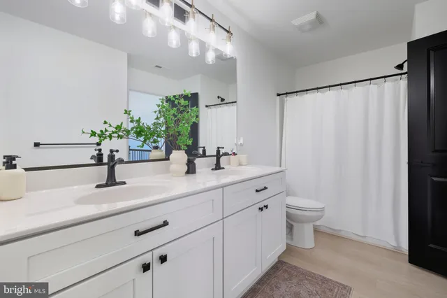 a bathroom with a double vanity sink mirror and toilet